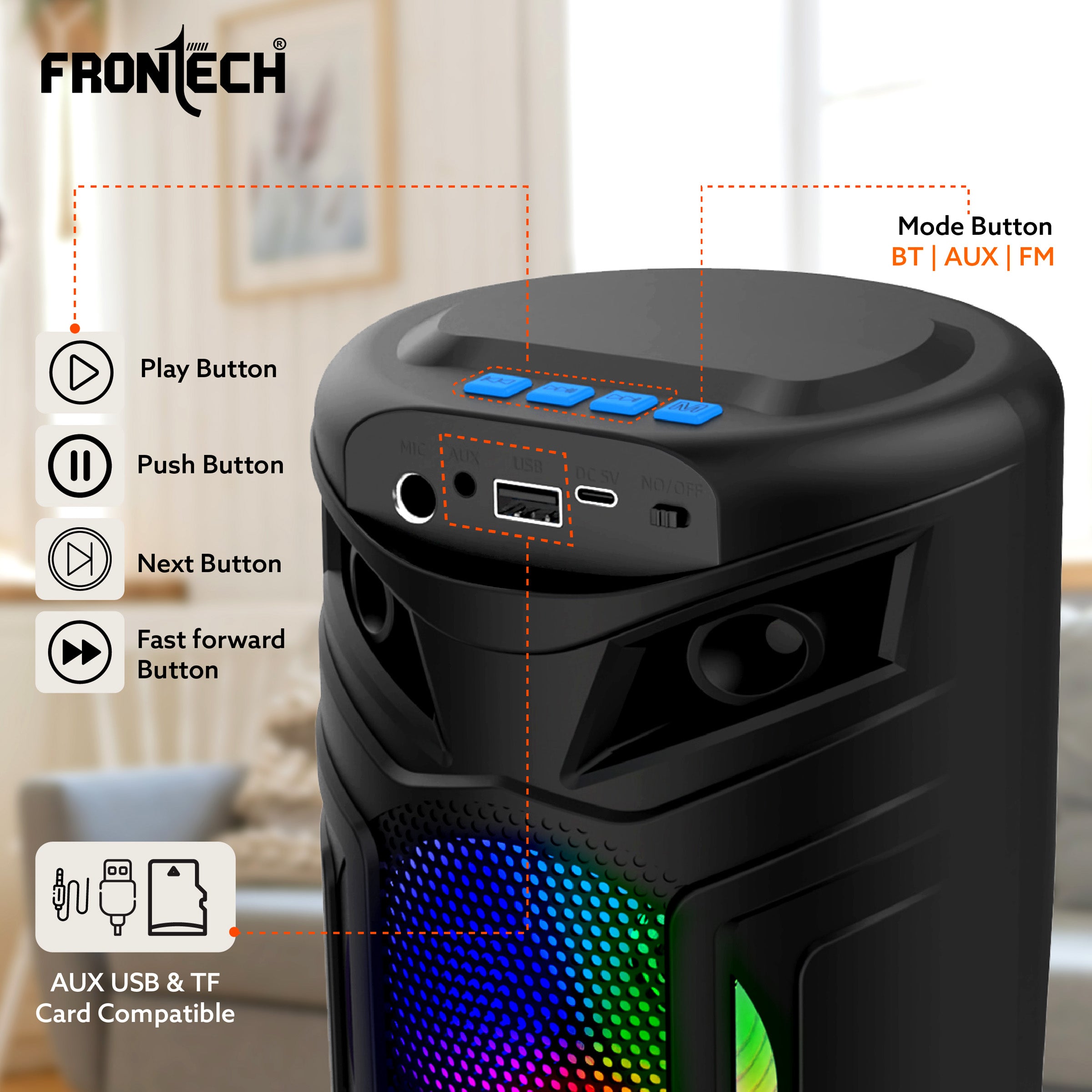 Frontech Wireless Bluetooth Speaker with RGB Lights (SW-0068) Frontech Wireless Bluetooth Speaker with RGB Lights (SW-0068)